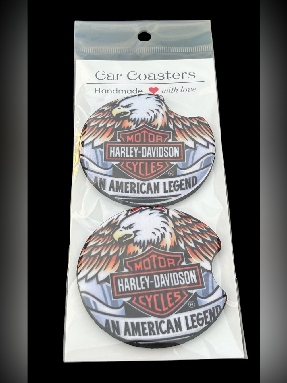 Harley-Davidson Black White Orange Eagle Logo Car Coaster Pair